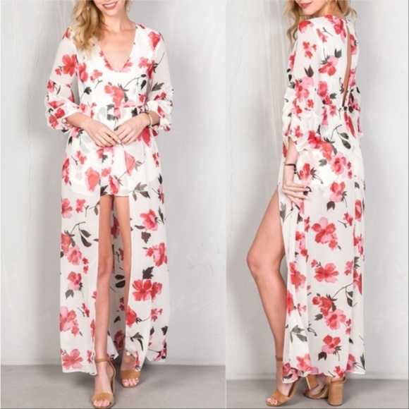 Pants - LOVELY FLORAL ROMPER WITH MAXI SKIRT